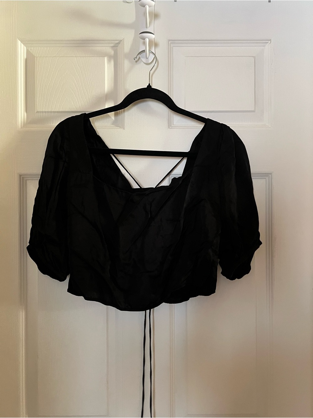 H&M Black Puff Sleeve Crop Top with Back Tie Detail